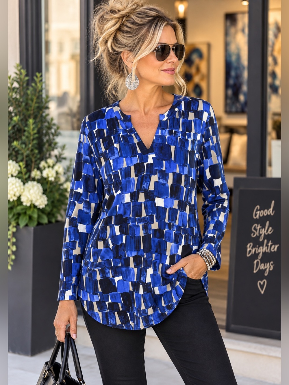 NIC+ZOE Artist Blocks Blue Abstract Tunic Top Split Neck Size M
